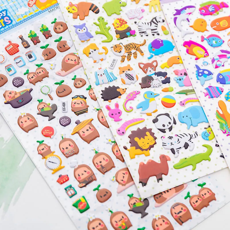 Cartoon three-dimensional bubble sticker set showing alpaca, forest animal and love theme designs for hand account decoration