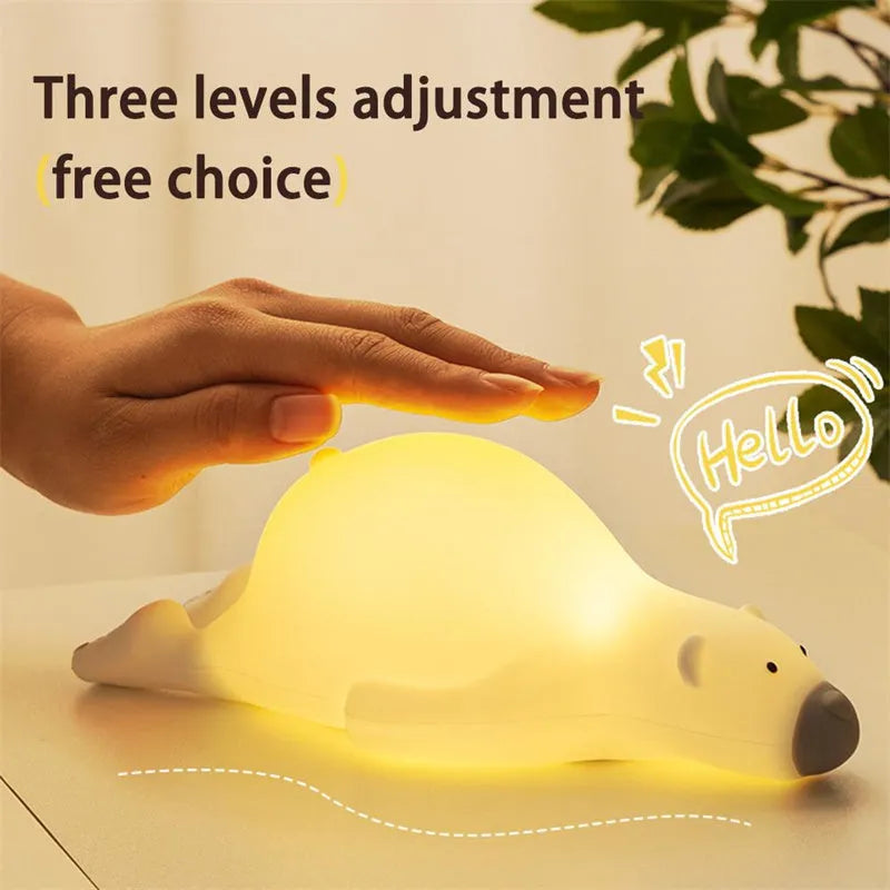 White bear-shaped silicone night light with 3 brightness levels, USB rechargeable, L21 x W10 x H7.5cm