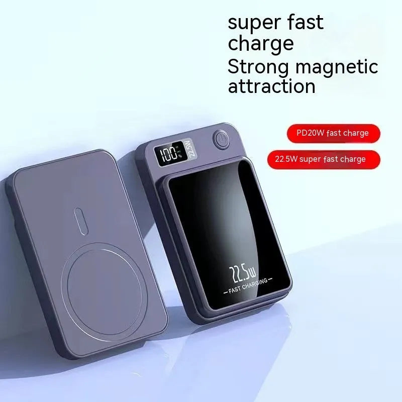 Wireless Magsafe power bank in black with compact industrial design showing charging surface