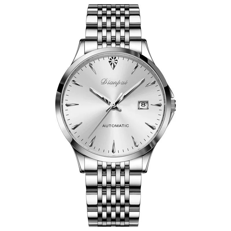 Men's simple dial automatic watch with stainless steel bracelet and case, showing a gold and black colour variant.