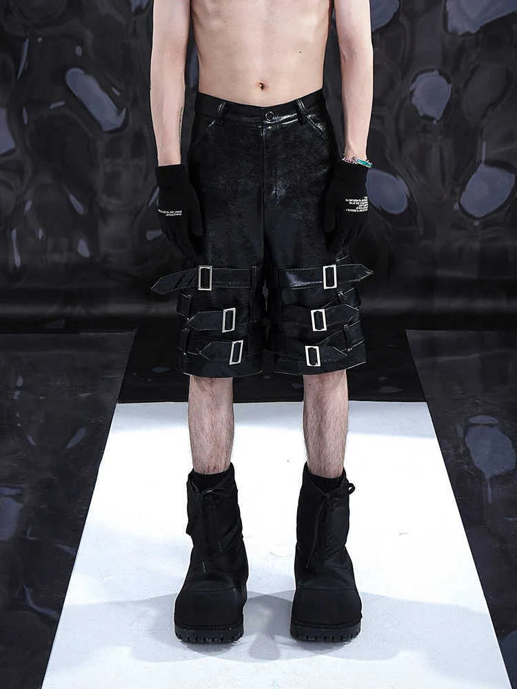 Men's black PU leather cropped pants with ring detailing in medium low waist design