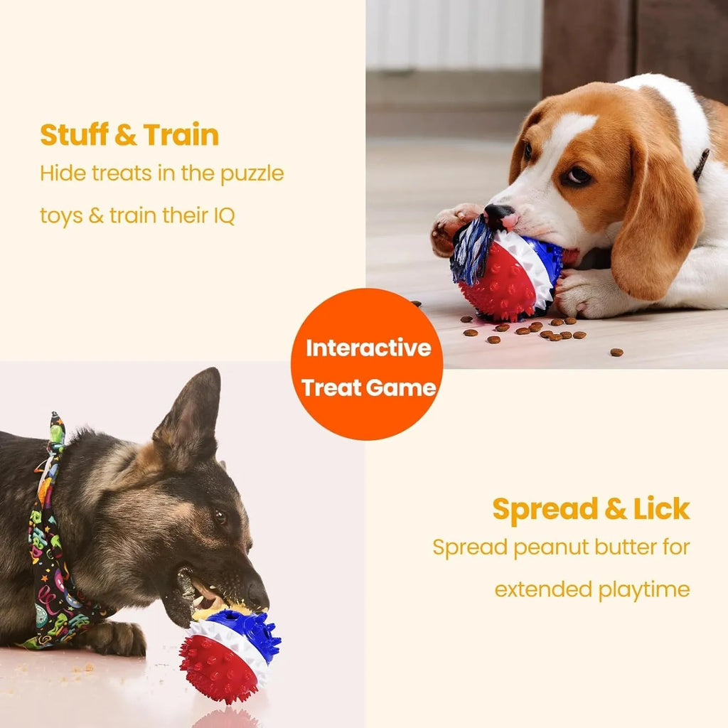 Blue and red TPR rubber dog chew toy with treat dispenser hole and squeaker for aggressive chewers