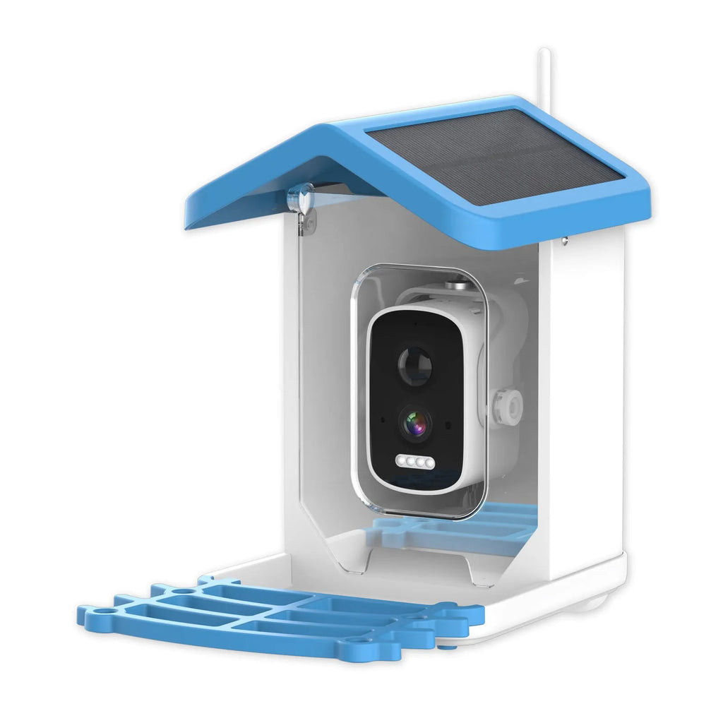 Q40 intelligent bird feeder in sky blue with solar panel and HD camera for garden birdwatching