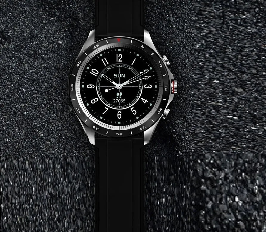 Men's black smart bracelet watch with zinc alloy screen and silicone wristband on a wrist.