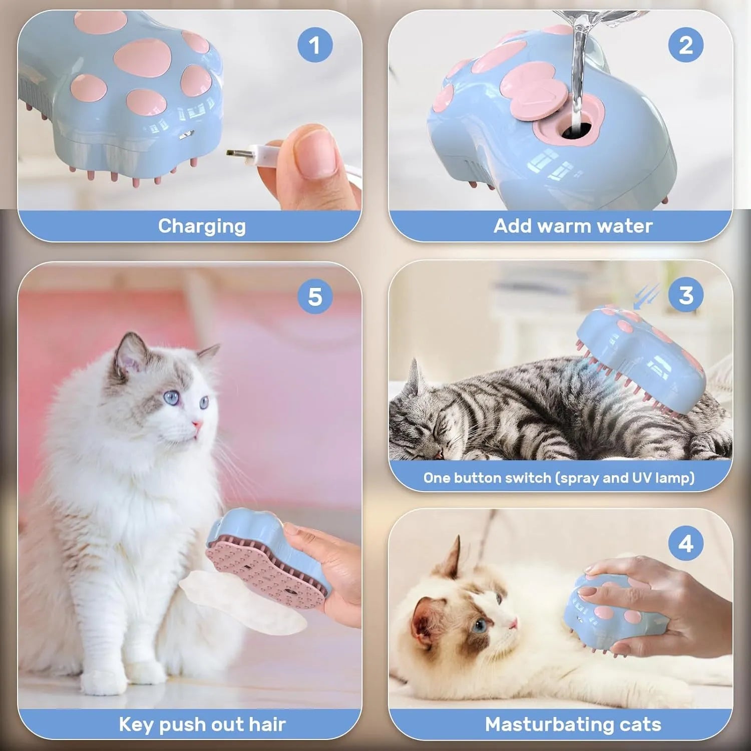 Blue self-cleaning cat steam brush with silicone bristles and spray nozzle
