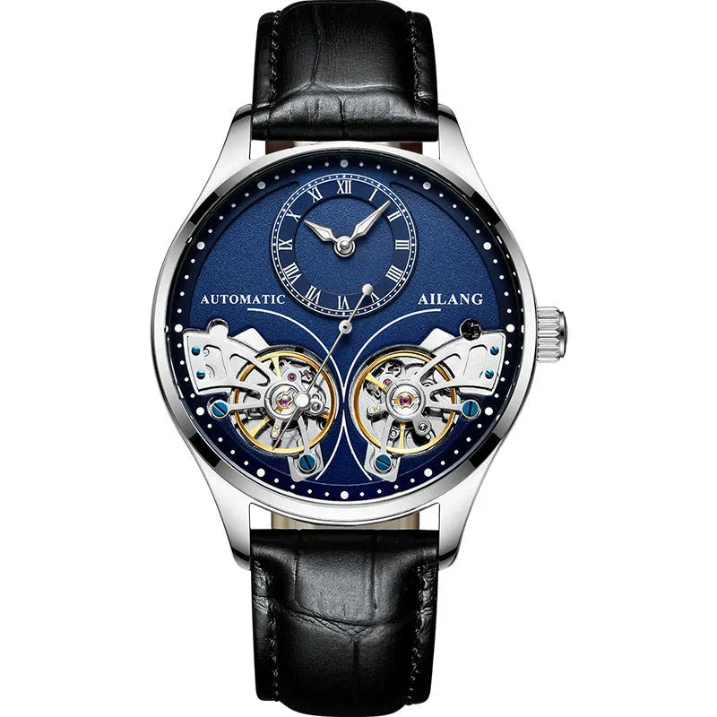 Men's automatic watch with tourbillon and moon phase on a metal case with a black dial.