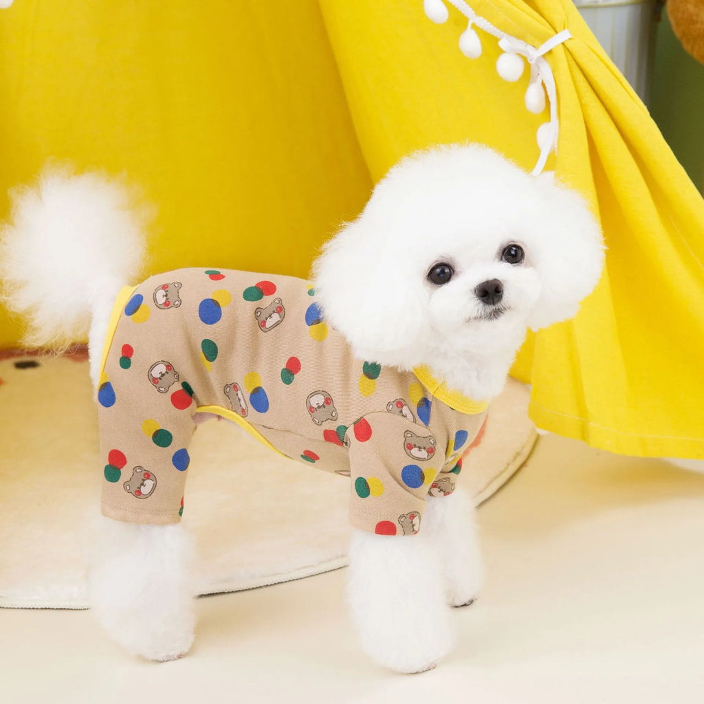 Dog wearing ball bear design cotton blend pet clothes in beige colour