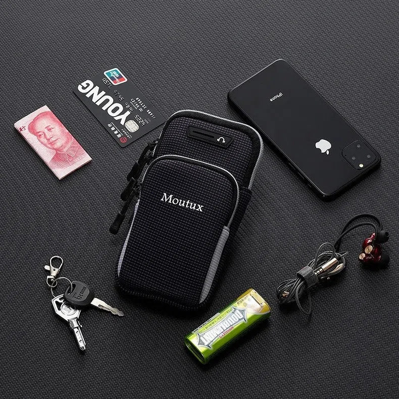 Unisex waterproof anti-theft arm bag for running, shown in black gray with arm strap