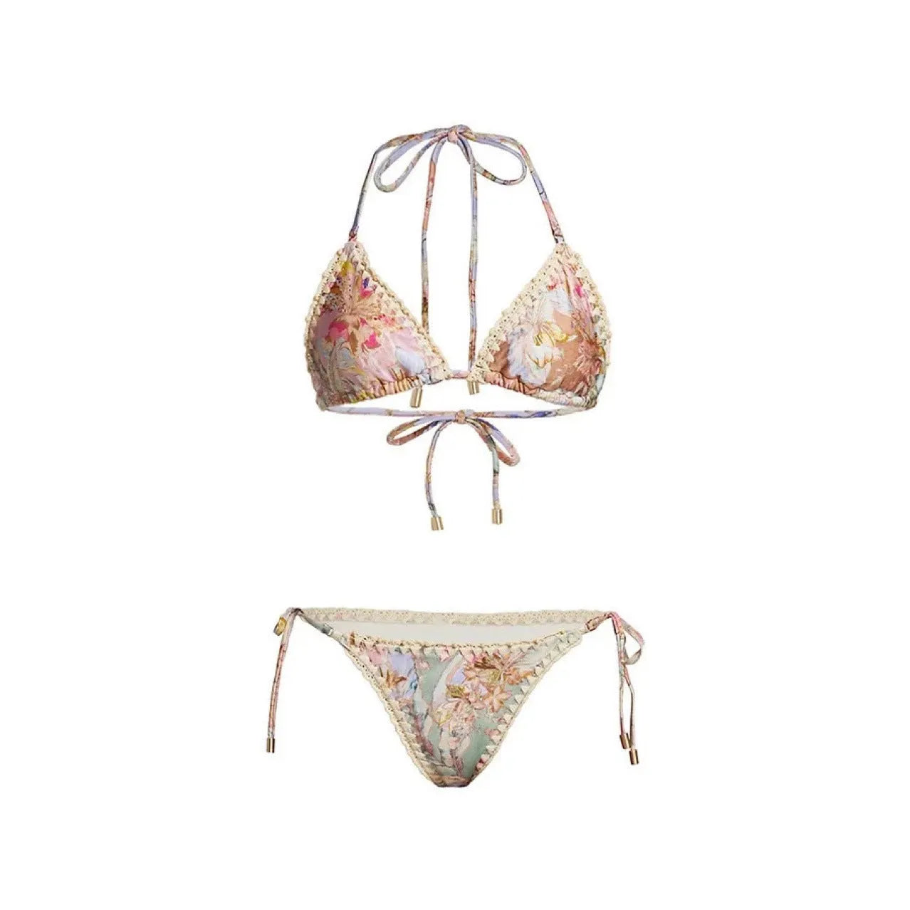 Women's creamy white floral bikini set with top, briefs, and removable skirt on beach background