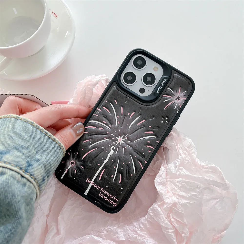Leather embossed TPU phone case with colourful fireworks design for iPhone