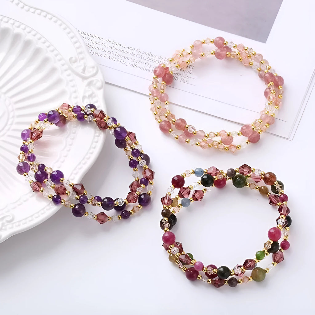 Women's three-ring crystal bracelet with colourful stones and adjustable rope closure