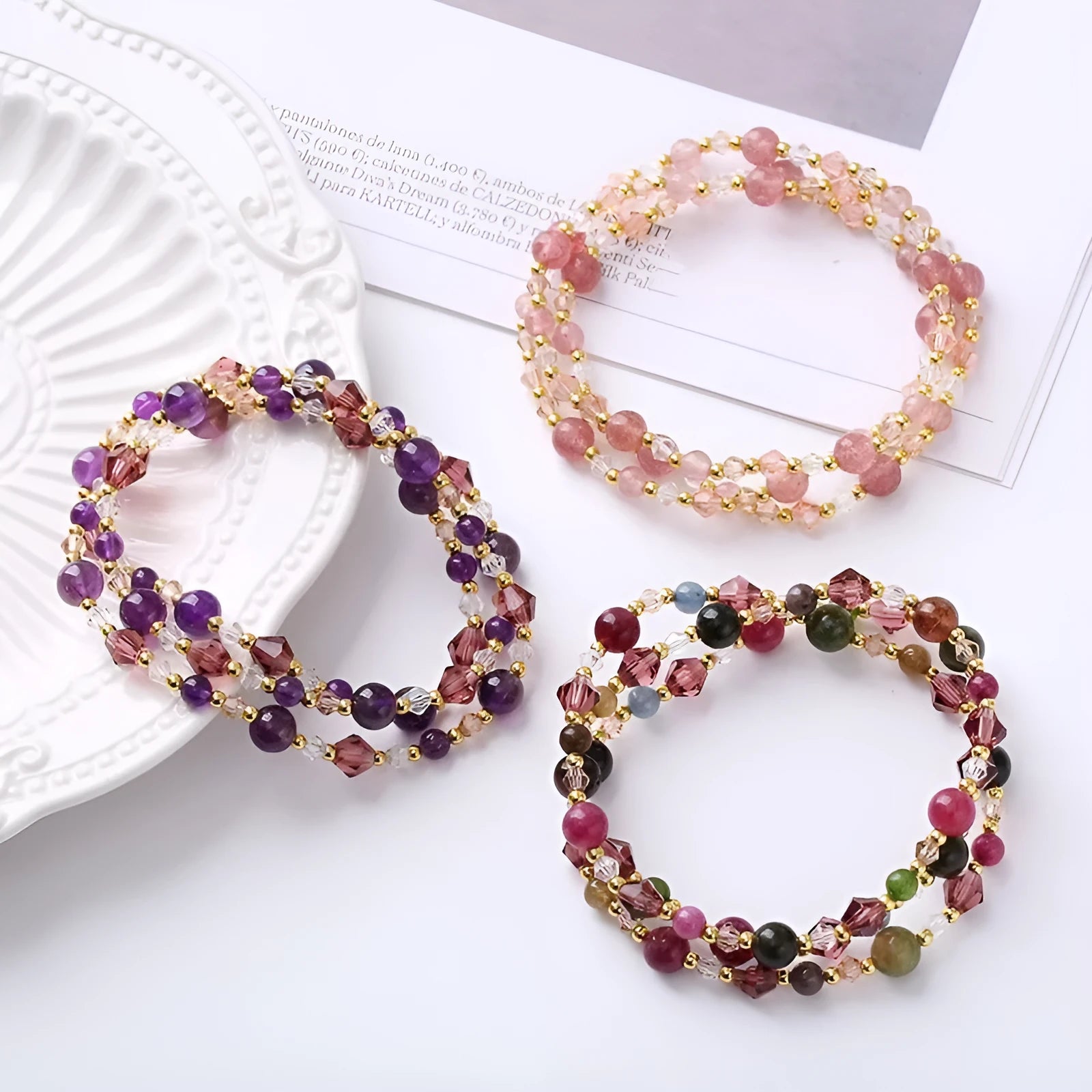 Women's three-ring crystal bracelet with colourful stones and adjustable rope closure
