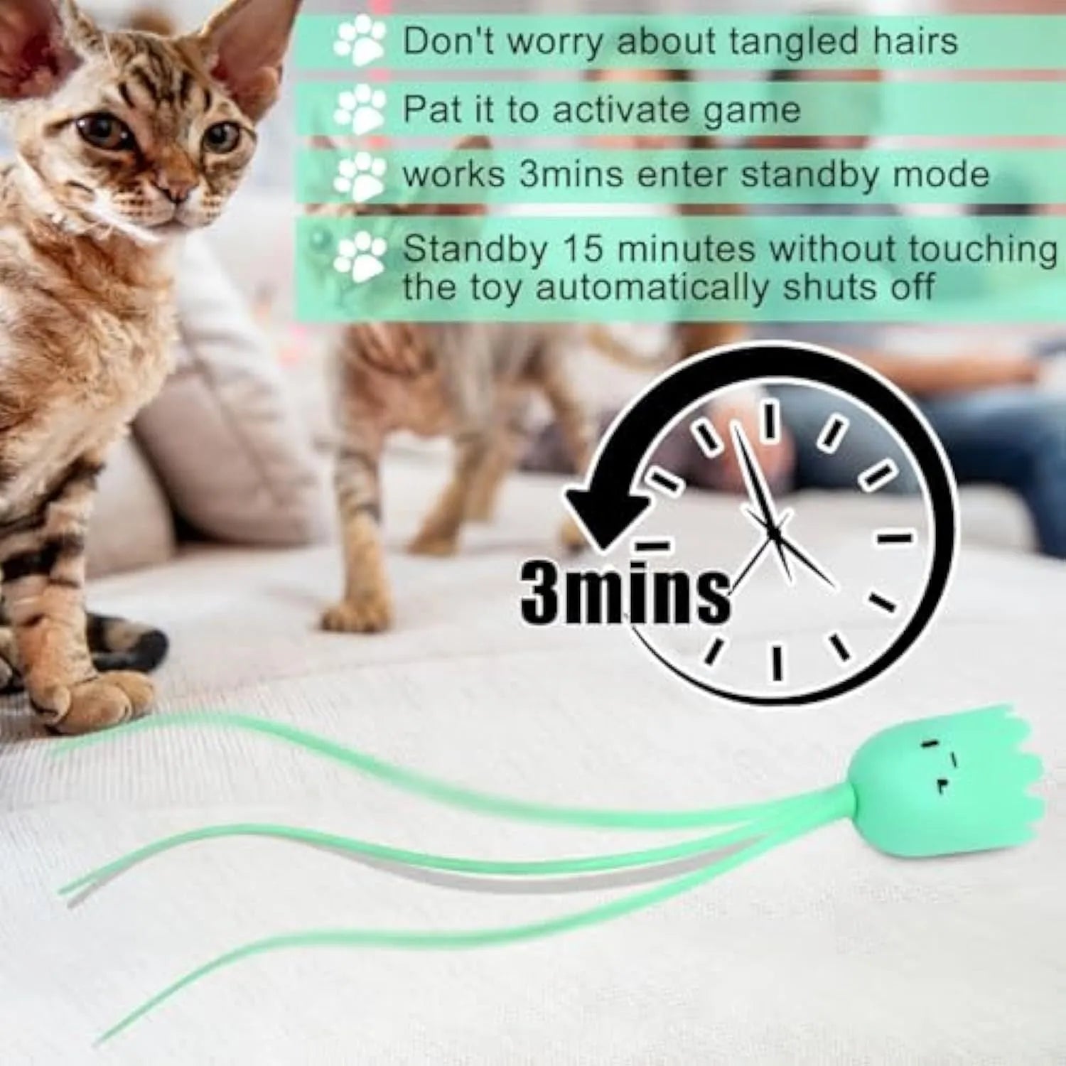 Electronic cat wand toy with swinging silicone tails, green colour option, 38cm length