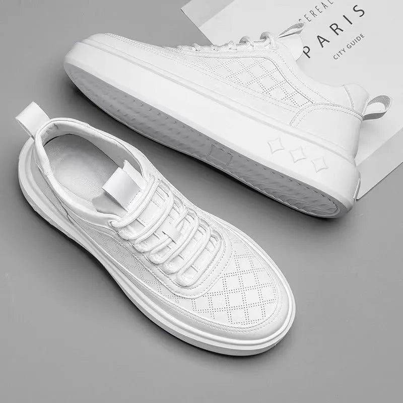 British style thick soled hollowed out breathable casual board shoes in white brown, platform heel, solid colour
