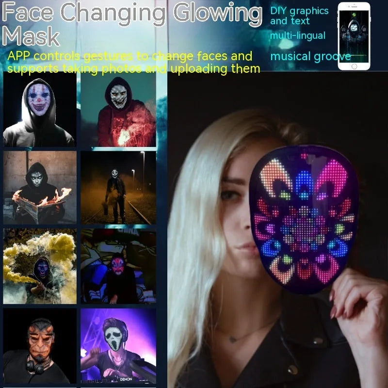 LED luminous face mask with full colour display showing character design, featuring gesture control sensor and comfortable silicone interior
