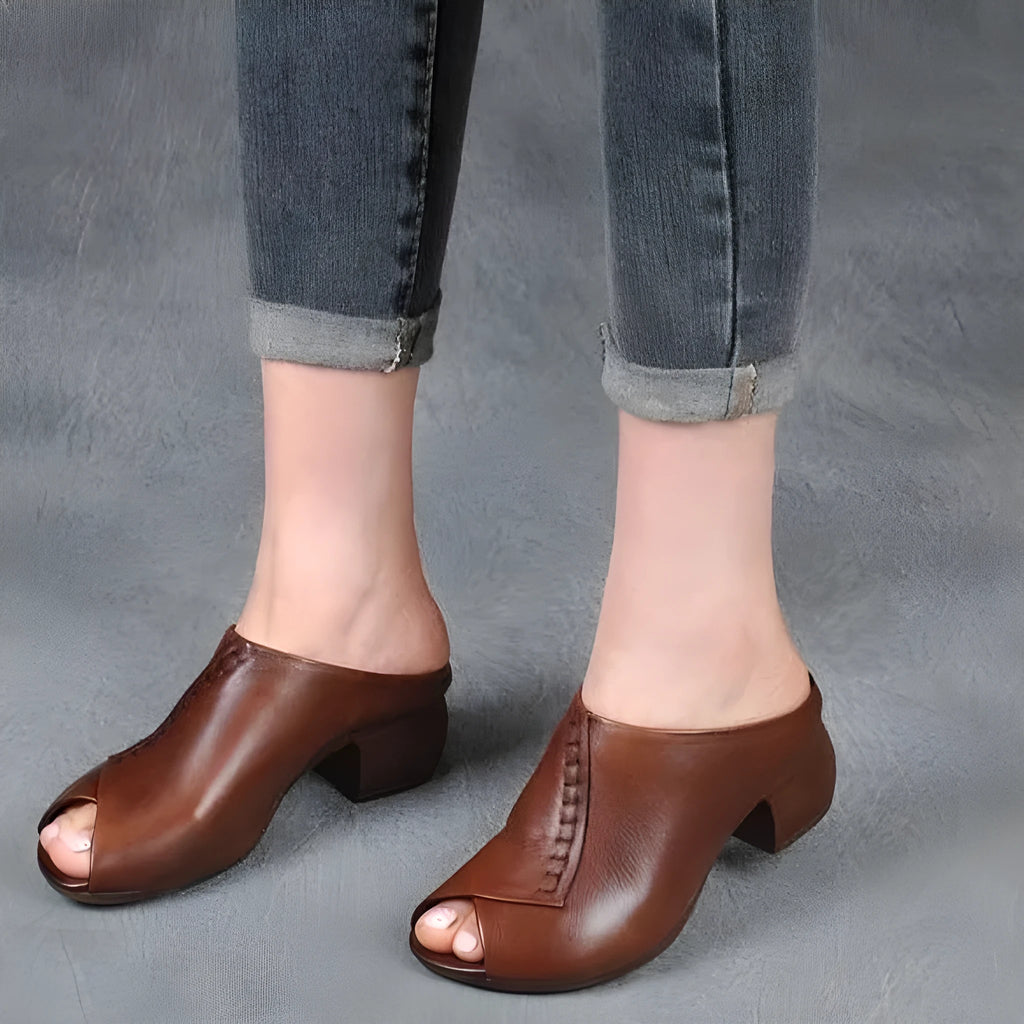 Women's black square heel peep-toe slipper sandals with a fish-mouth opening and rubber sole.