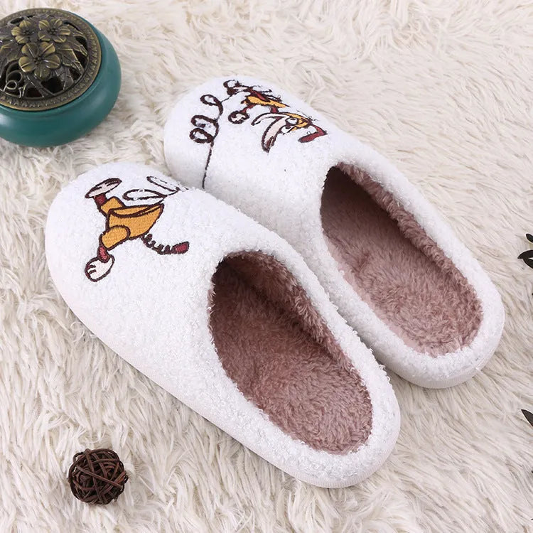 White cartoon fluffy slippers with toe holder design and non-slip rubber soles