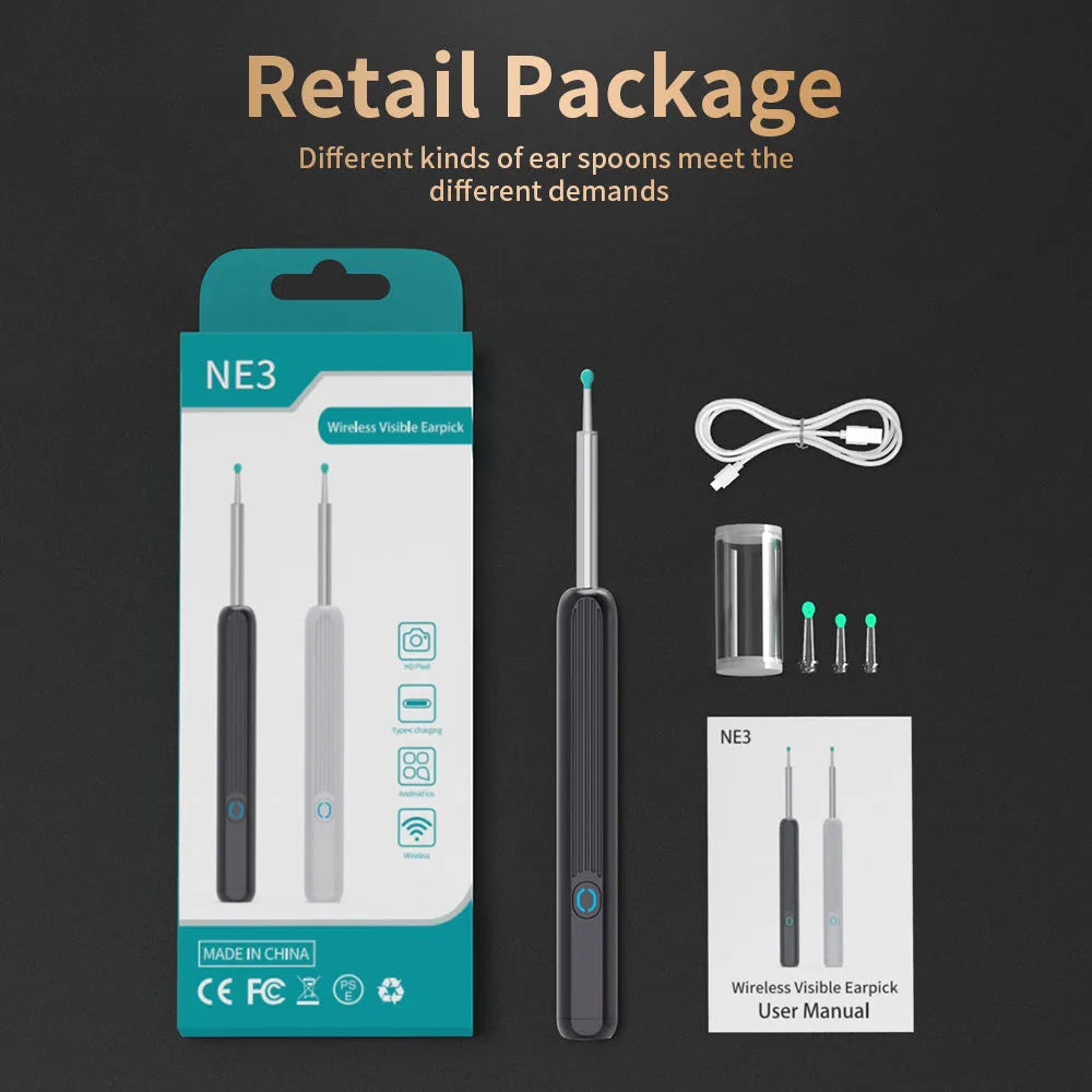 NE3 wireless ear cleaner otoscope with camera, charging cable, and spoon heads on a white background.