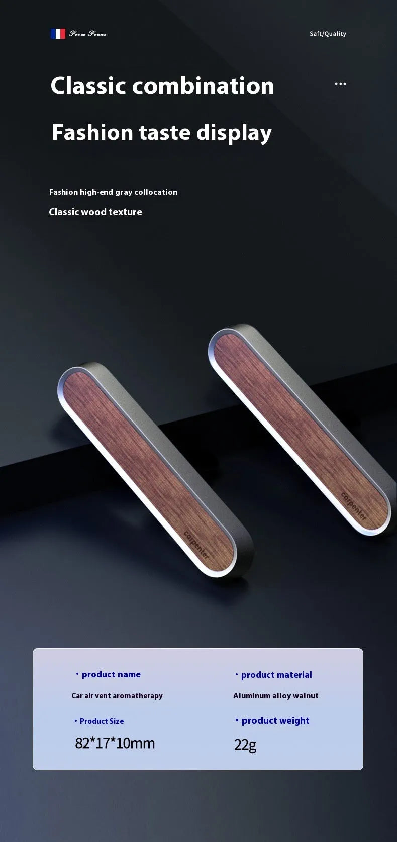 Dark grey walnut wood car aromatherapy air outlet decoration with alloy detail and two fragrance pieces