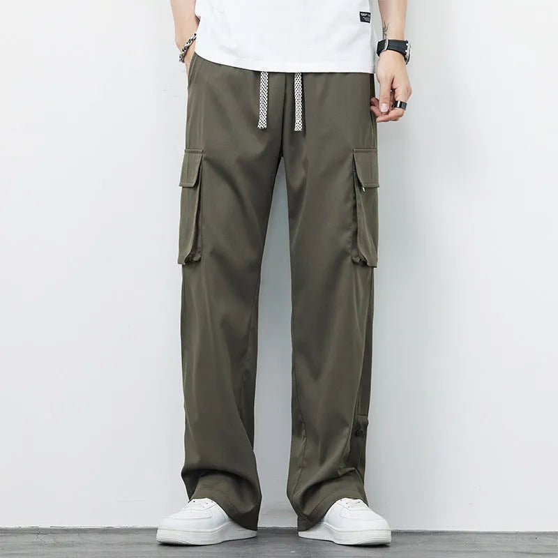 Plus size men's loose straight-leg nylon overalls in black, army green or gray, summer casual work style