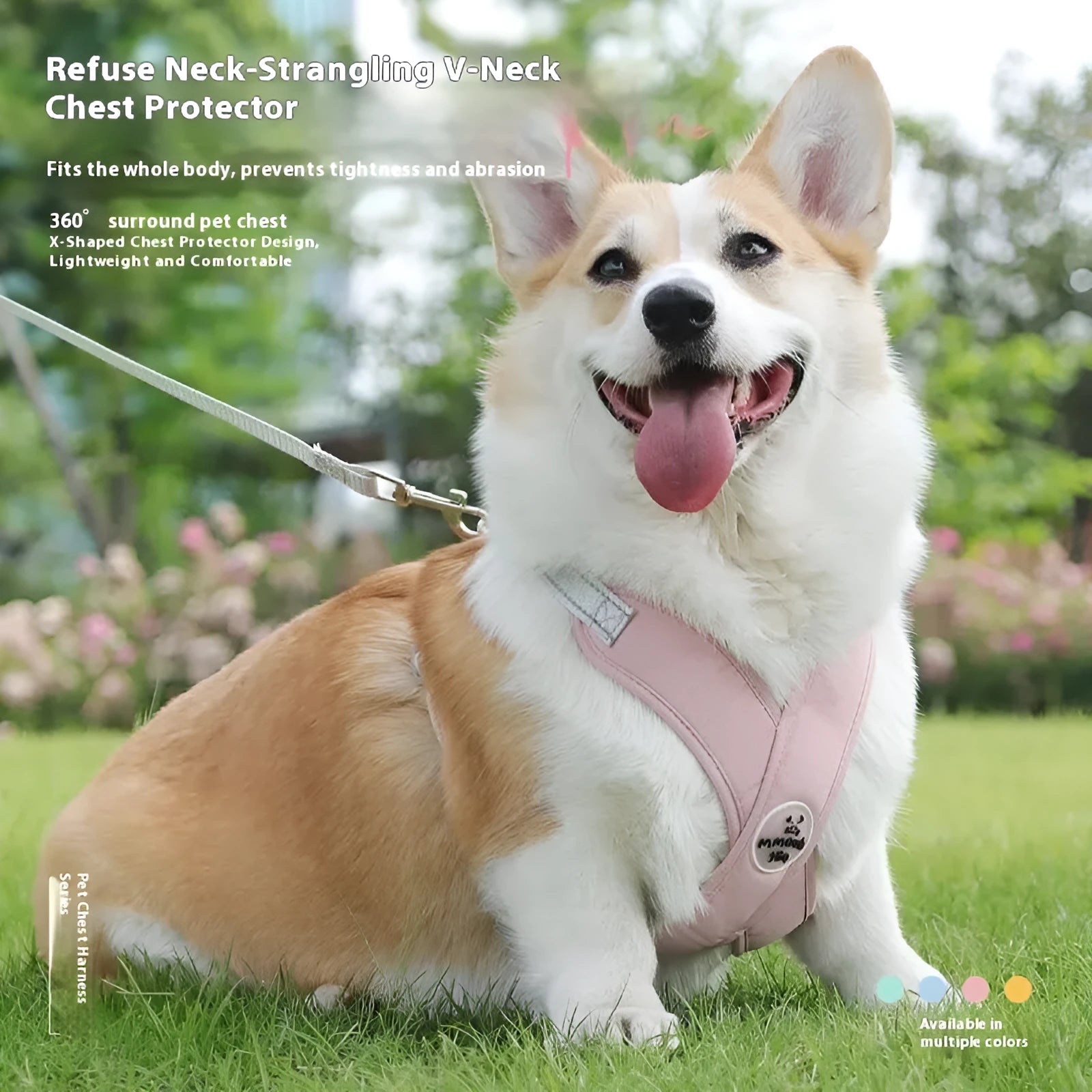Polyester dog vest and hand-holding rope set in blue, green, pink, or yellow.