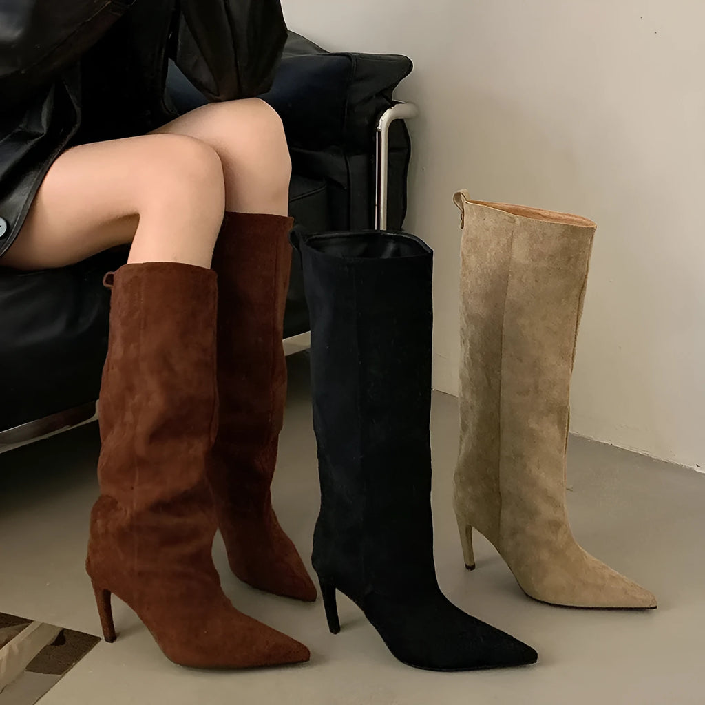 Women's European style pointed high boots in apricot satin with stiletto heel and high shaft