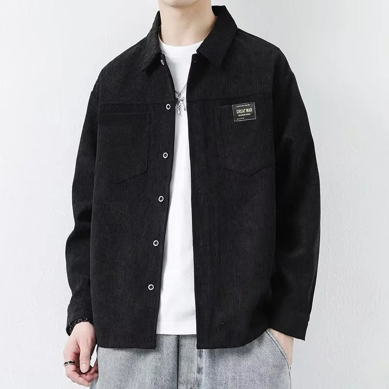 Men's corduroy cardigan style jacket in black, dark grey, khaki, or orange, with long sleeves and ribbed texture.