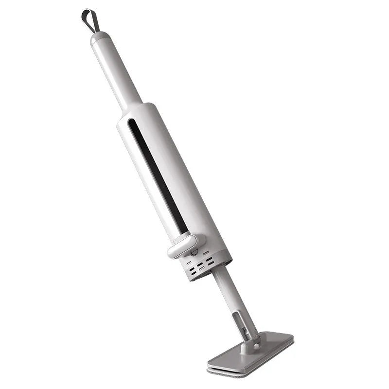 Rotatable self-squeeze flat mop with microfiber pads in grey, pink, or white.