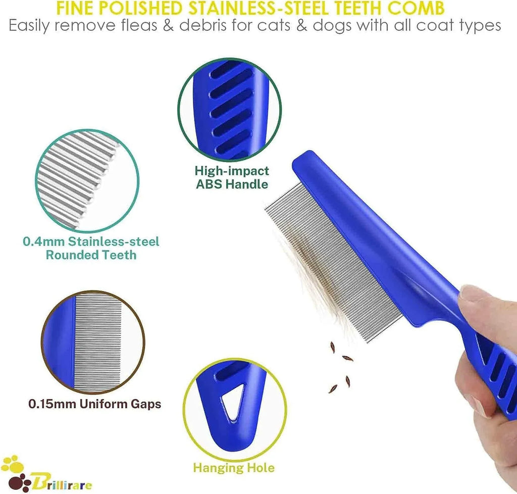 Blue handle stainless steel dense gear pet flea comb 4-piece set for dogs and cats