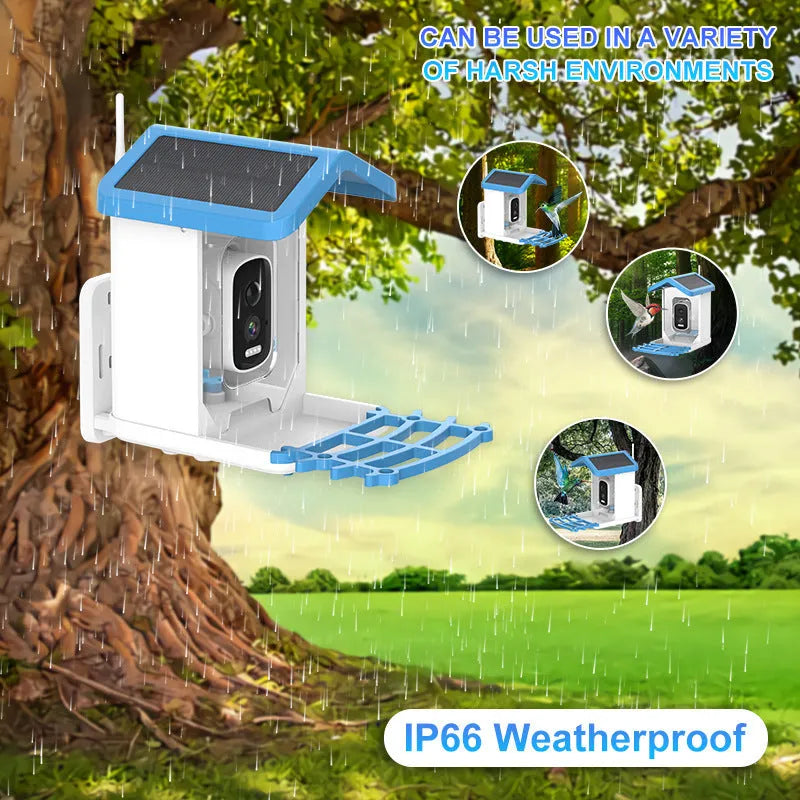 Q40 intelligent bird feeder in sky blue with solar panel and HD camera for garden birdwatching