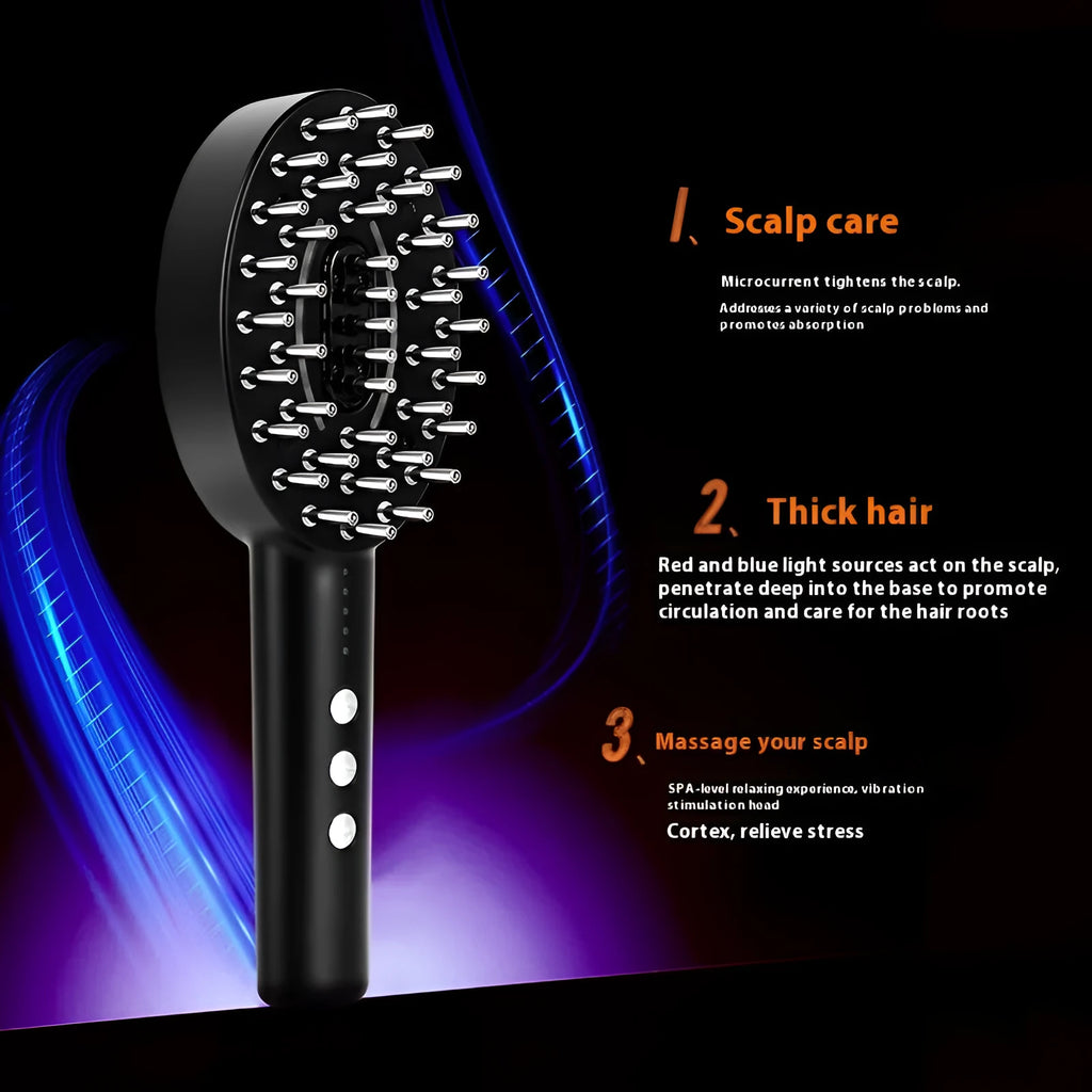 KD3802 Black scalp massage device with USB charging cable on a white background.