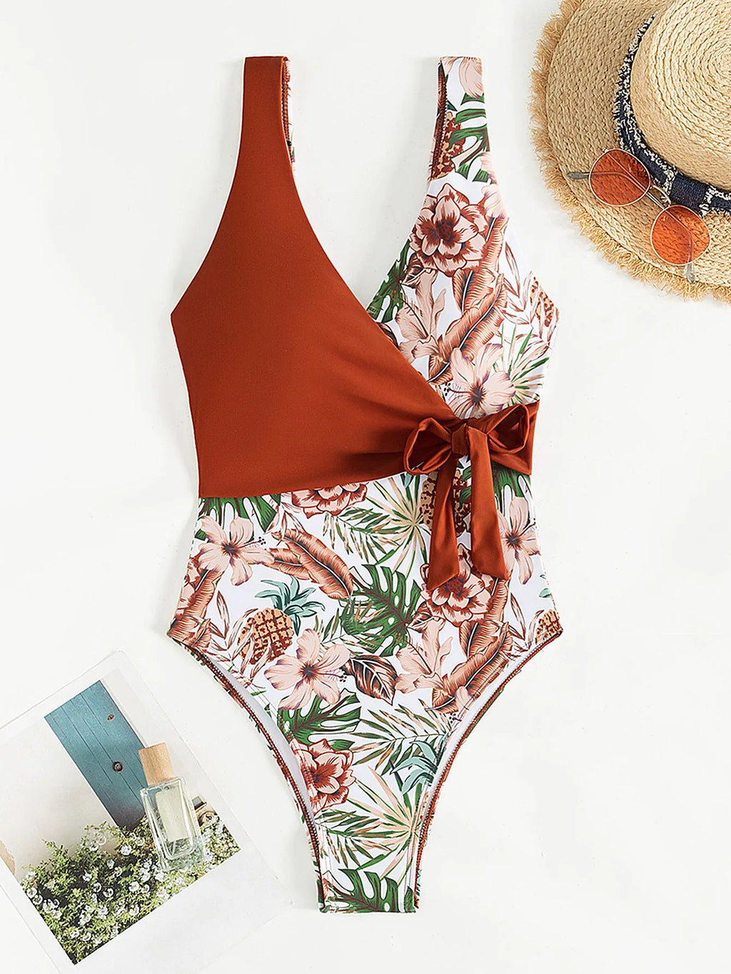 Women's one-piece bikini in European and American tropical plants multicolor print, polyester and spandex, available in S to XL