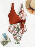 Women's one-piece bikini in European and American tropical plants multicolor print, polyester and spandex, available in S to XL