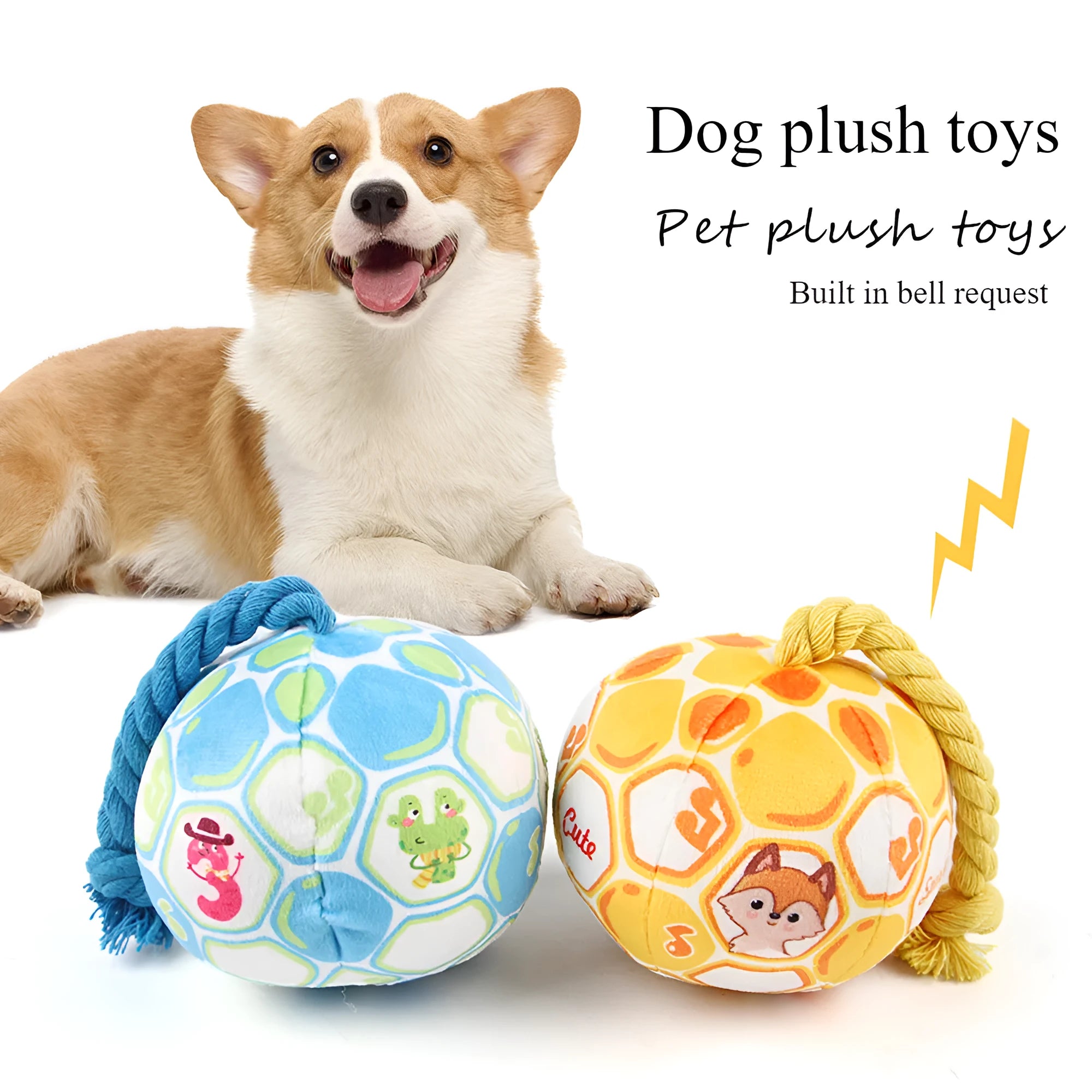 Blue and yellow cartoon elastic football dog toy made from plush cotton rope.