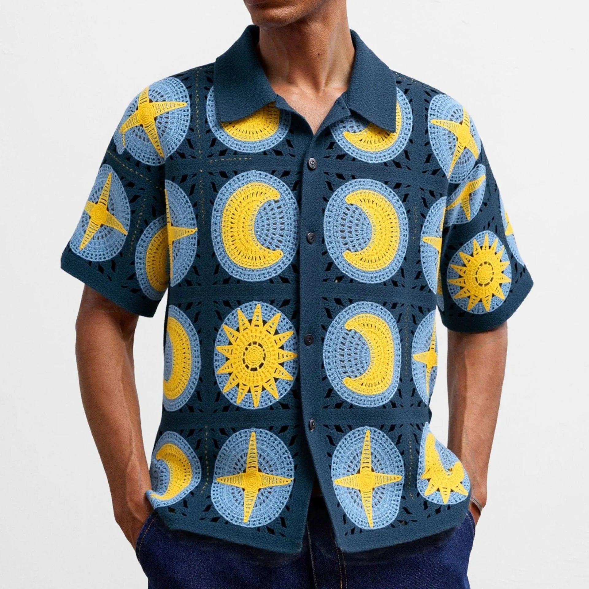 Navy blue men's short-sleeve cardigan with a raised cartoon flocking pattern on the front.