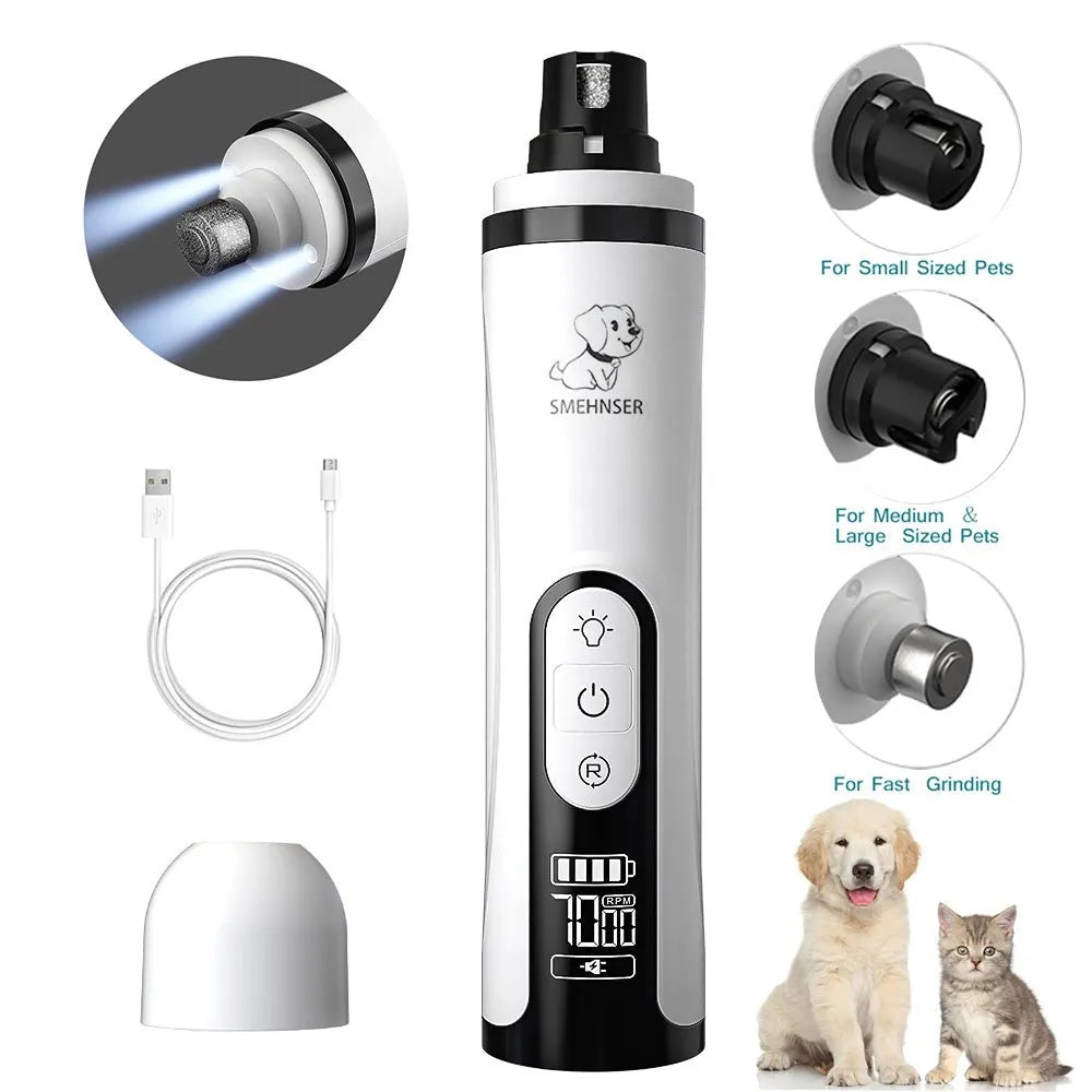 Electric dog nail trimmer device with LED display showing speed settings and automatic piercing function.