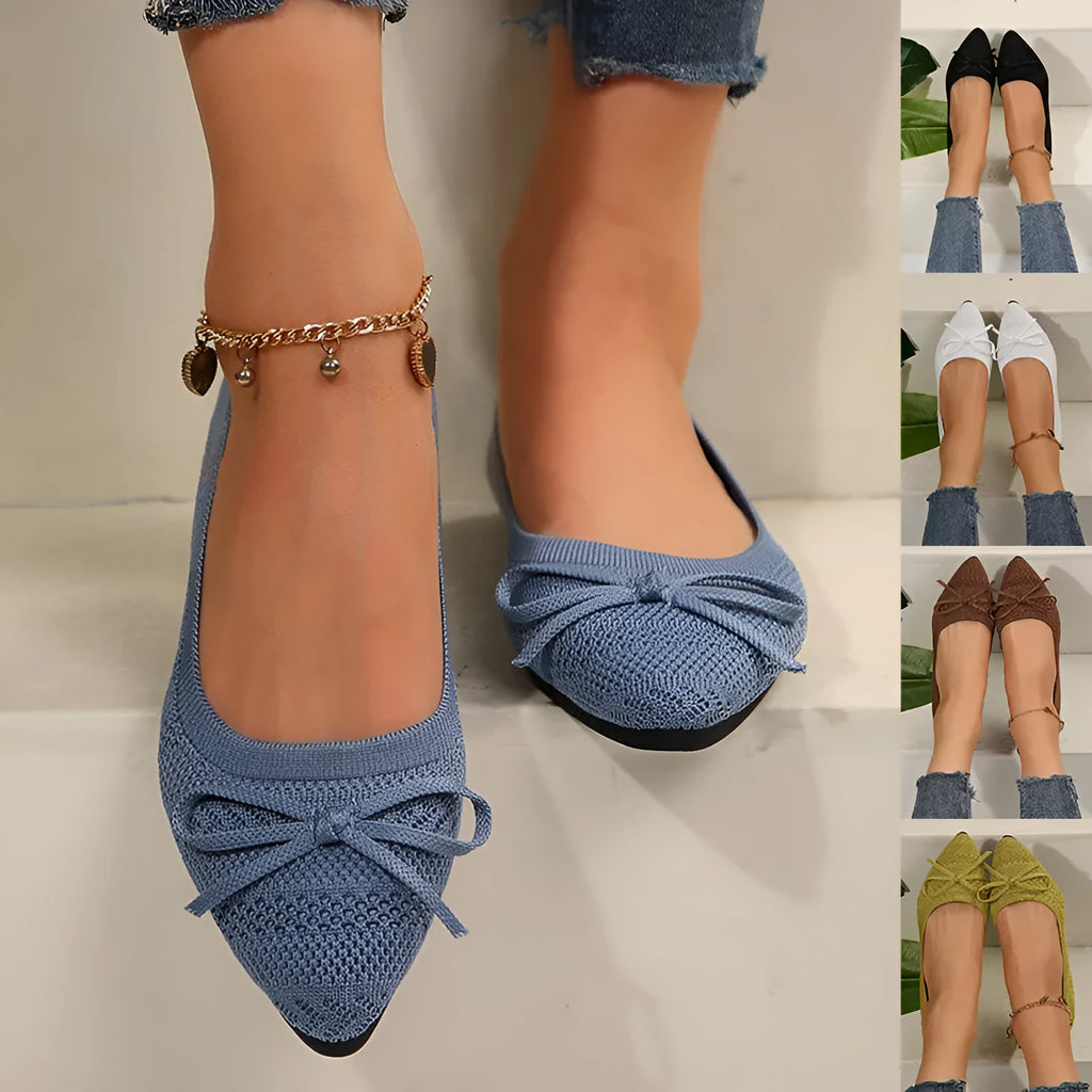 Women's knitted flat shoes with a pointed toe and decorative bow, shown in multiple colour options.