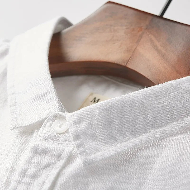 Men's square collar linen short sleeve shirt in cotton blend fabric for summer casual wear