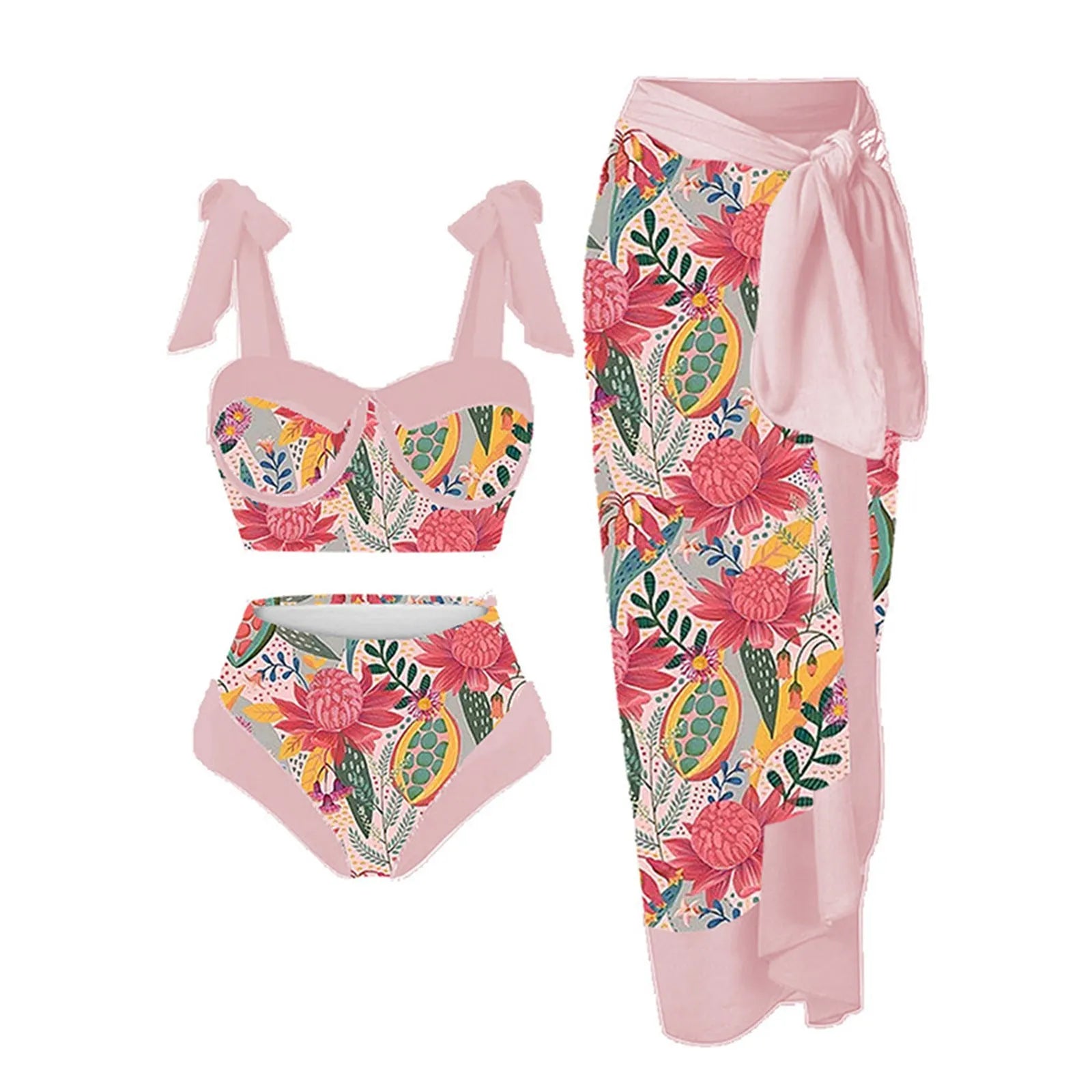 Women's printing split swimsuit three-piece set showing polyester fabric with high elasticity in floral pattern