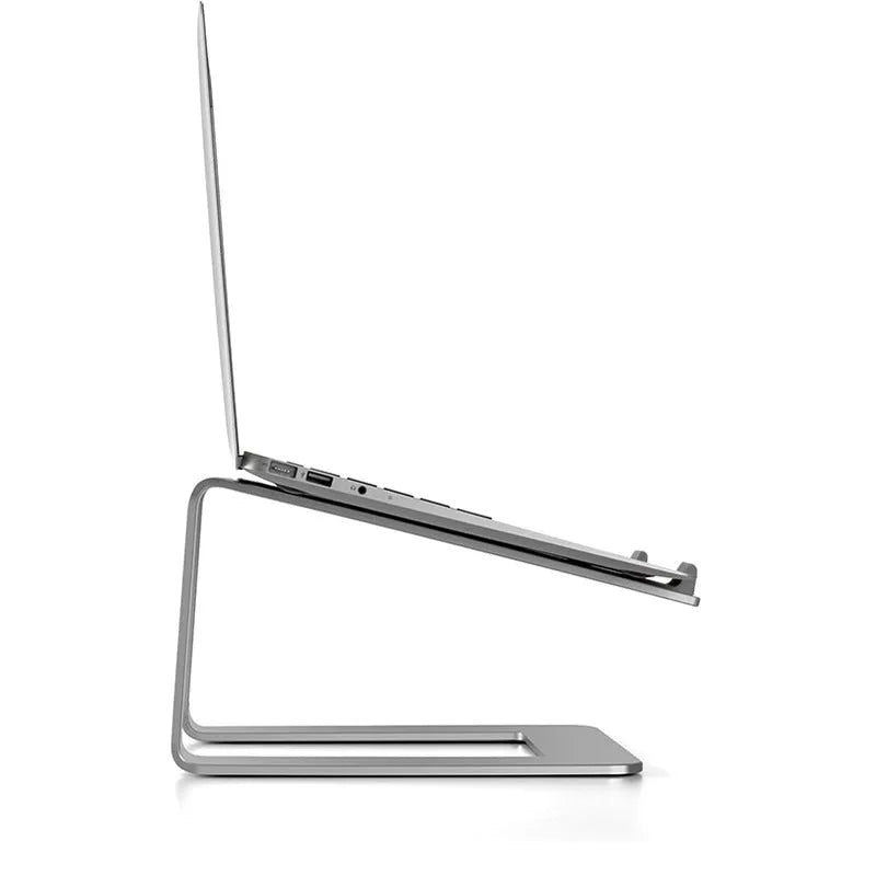 Black aluminium alloy laptop stand on wooden desk with laptop positioned on top