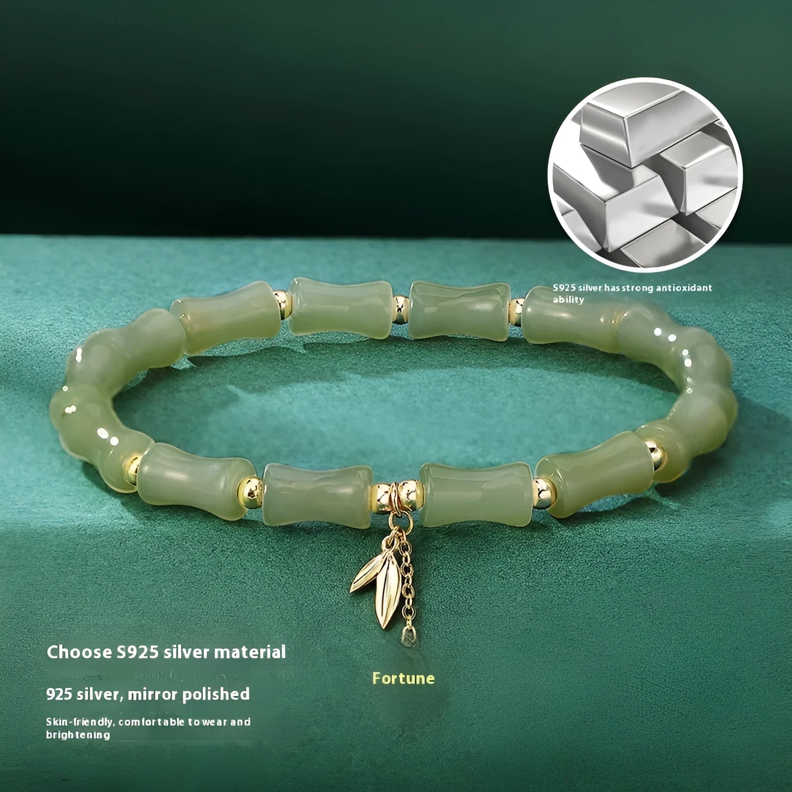 Green Chinese bamboo design Hetian jade bracelet and matching necklace set