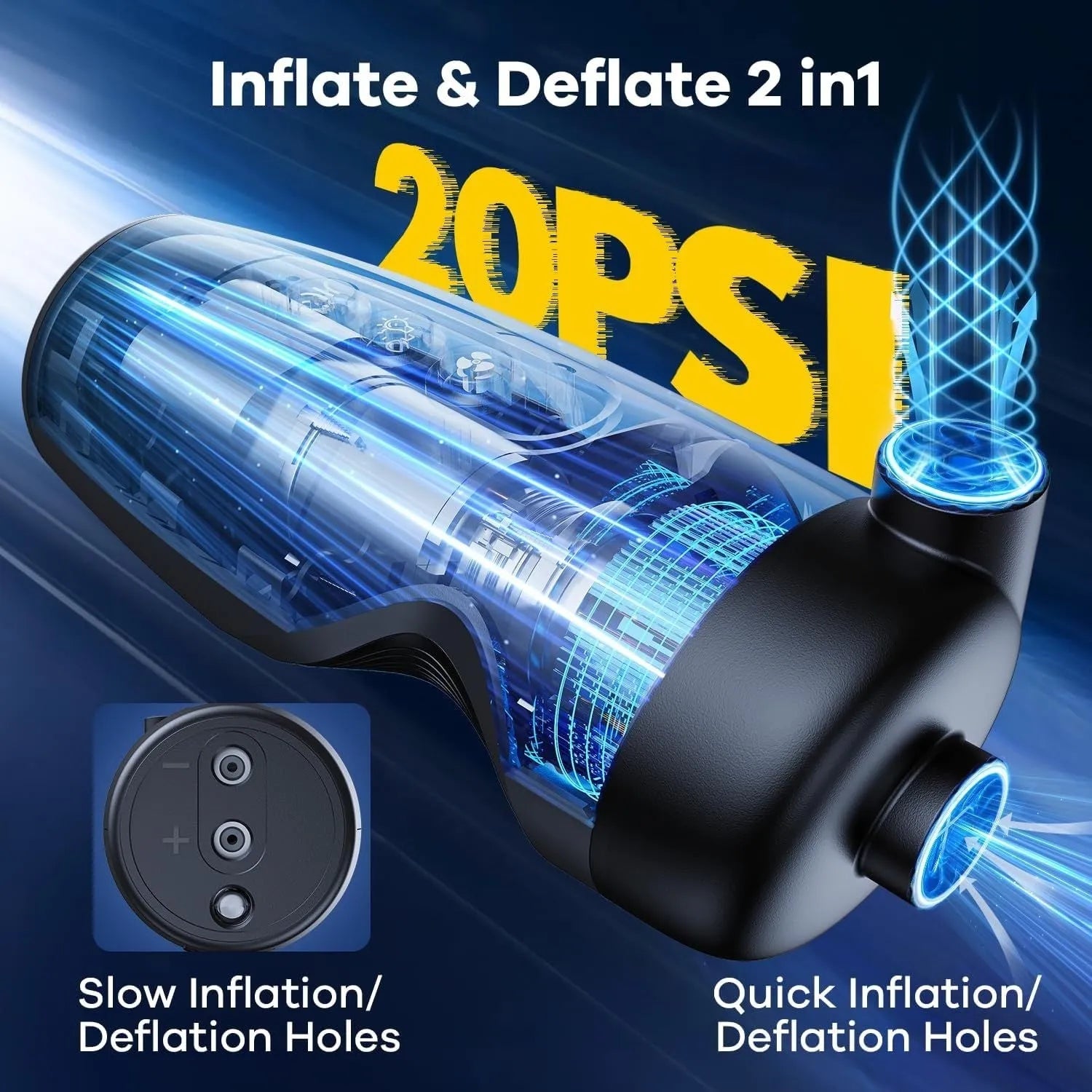 Black portable wireless air pump with LED light display and dust collection feature