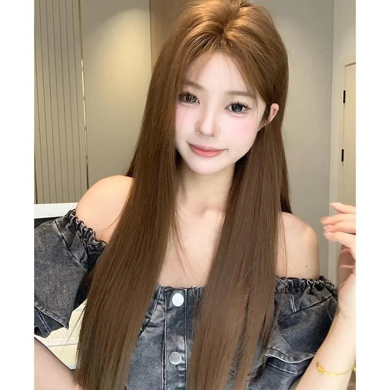 Long straight warm brown wig with centre-parted bangs and lace front construction