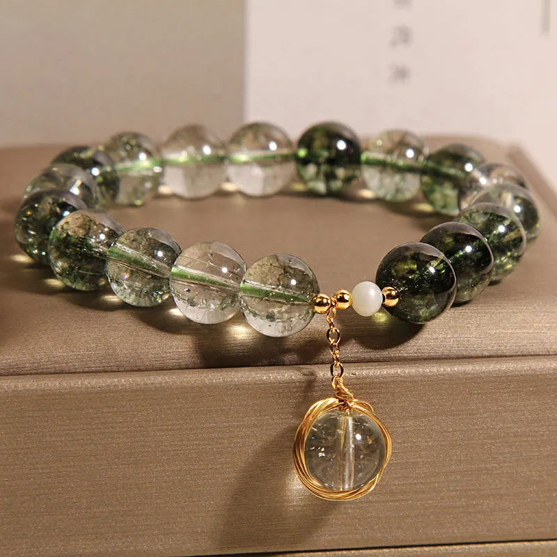 Green phantom quartz crystal bracelet with Japanese Korean style winding transfer beads