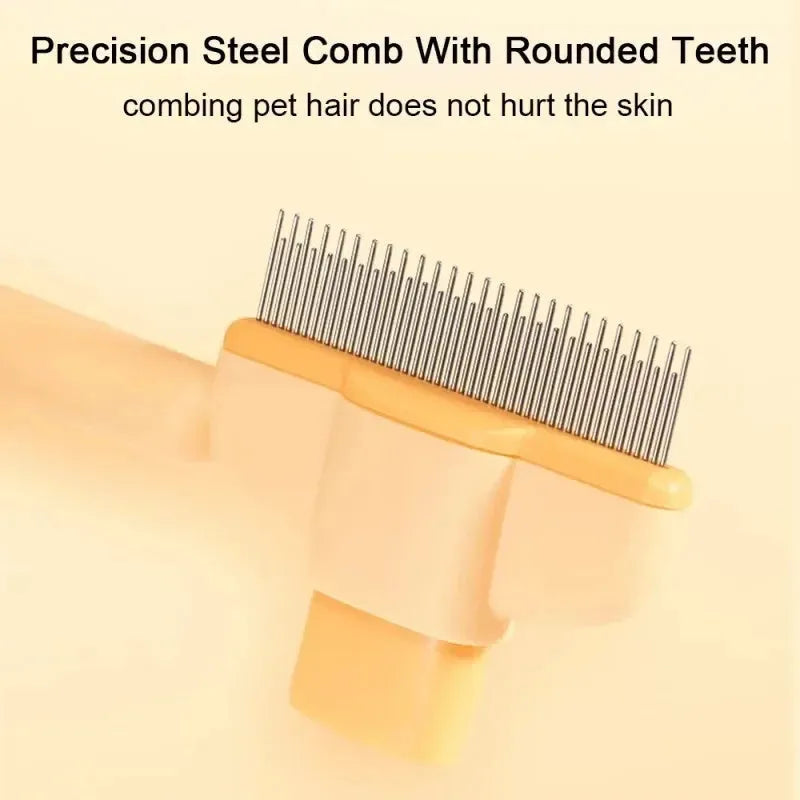 Green and yellow pet grooming brush with one-click hair removal and anti-mite cleaning bristles for dogs