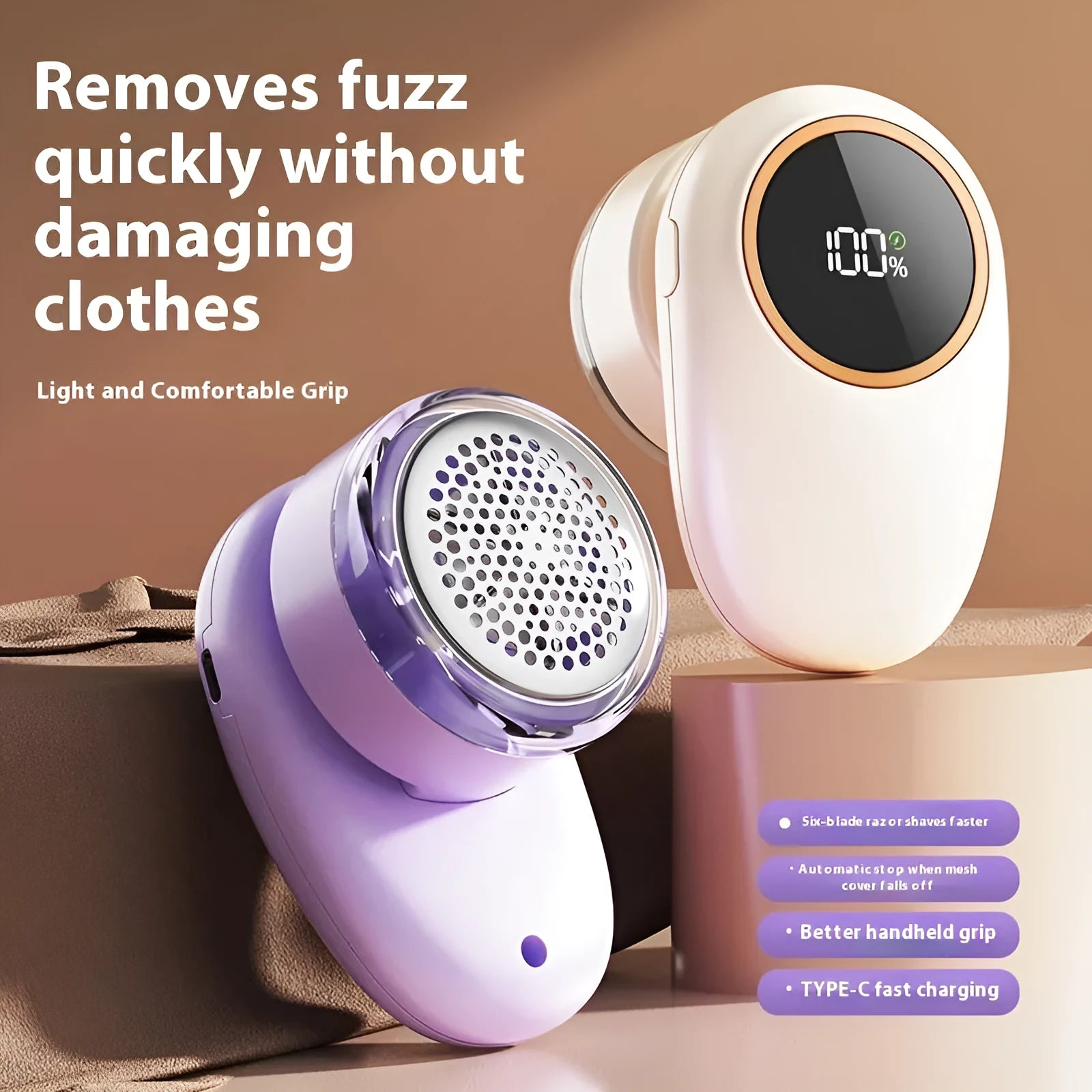 Purple and beige digital display fur ball trimmer lint removers with different blade head configurations.