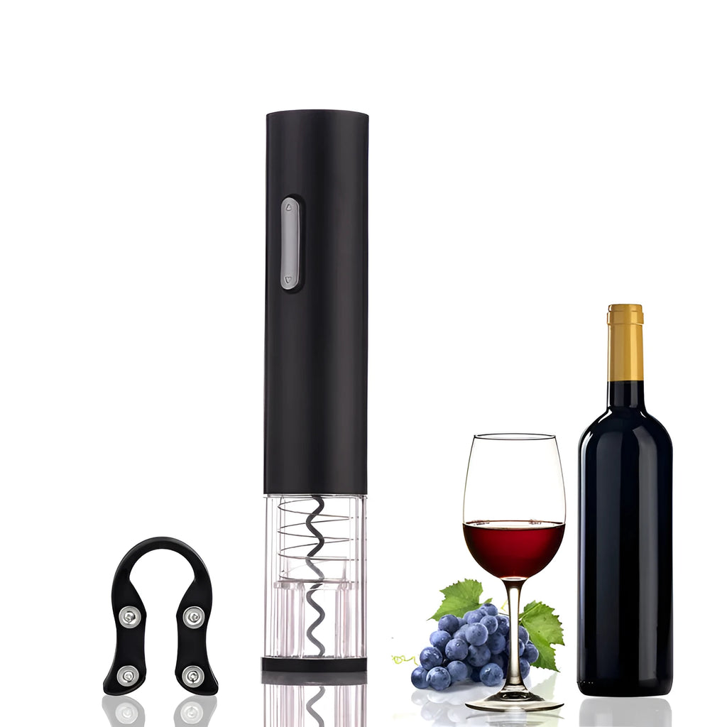 Black electric wine bottle opener with foil cutter showing automatic corkscrew mechanism