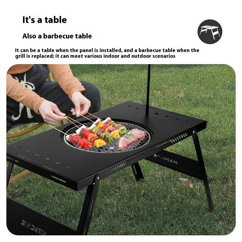 Folding outdoor cooking table with steel construction and grill set for camping