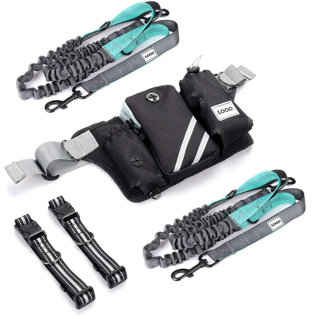 Black nylon dog walking set including waist bag and adjustable leash with collar for outdoor training