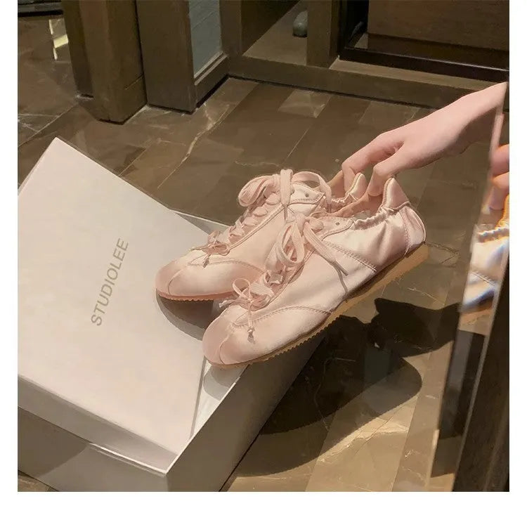 Women's satin ballet flat shoes with round toe and front lace-up in three colour options